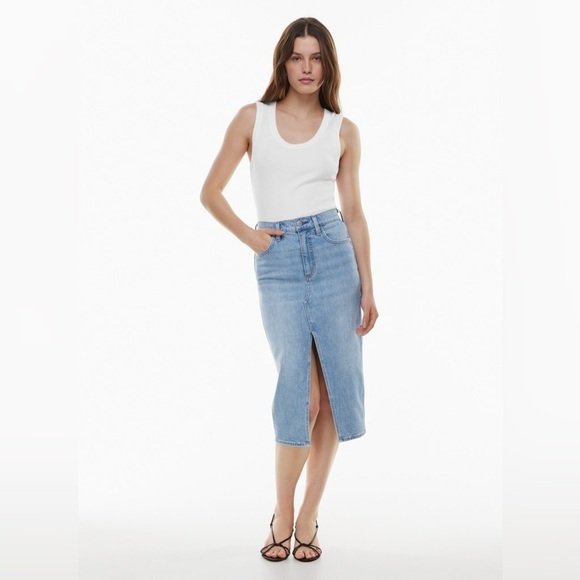 DENIM FORUM The '90s Halle Stretch Denim High Waisted Midi Skirt Size 28 - Picture 1 of 15